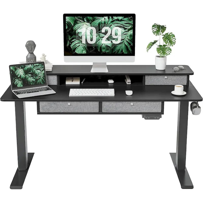 FEZIBO Sturdy Height Adjustable Electric Standing Desk with Drawers, Stand Up Table with Large Storage Shelf, Sit Stand Desk