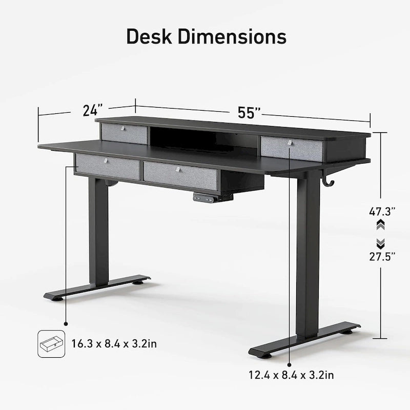 FEZIBO Sturdy Height Adjustable Electric Standing Desk with Drawers, Stand Up Table with Large Storage Shelf, Sit Stand Desk