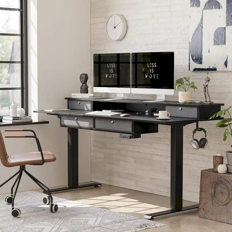 FEZIBO Sturdy Height Adjustable Electric Standing Desk with Drawers, Stand Up Table with Large Storage Shelf, Sit Stand Desk