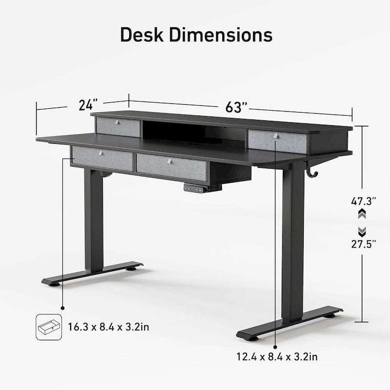 FEZIBO Sturdy Height Adjustable Electric Standing Desk with Drawers, Stand Up Table with Large Storage Shelf, Sit Stand Desk