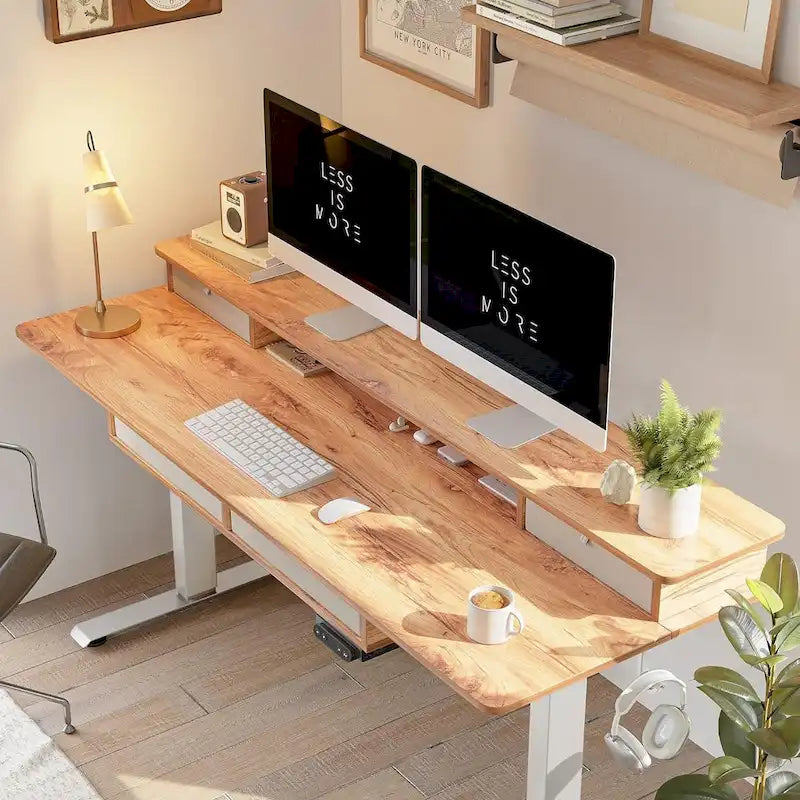 FEZIBO Sturdy Height Adjustable Electric Standing Desk with Drawers, Stand Up Table with Large Storage Shelf, Sit Stand Desk