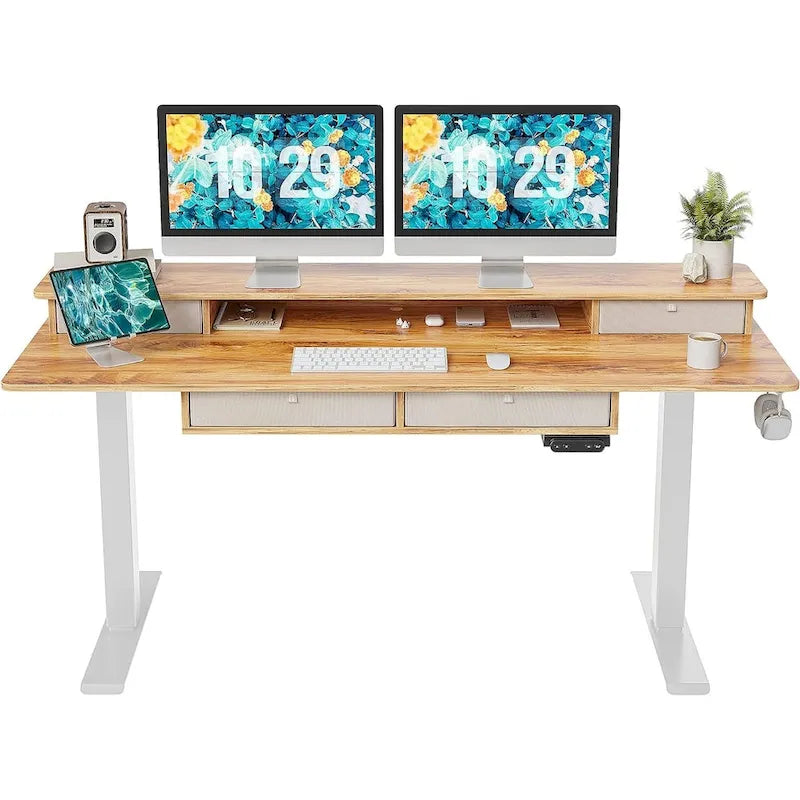 FEZIBO Sturdy Height Adjustable Electric Standing Desk with Drawers, Stand Up Table with Large Storage Shelf, Sit Stand Desk