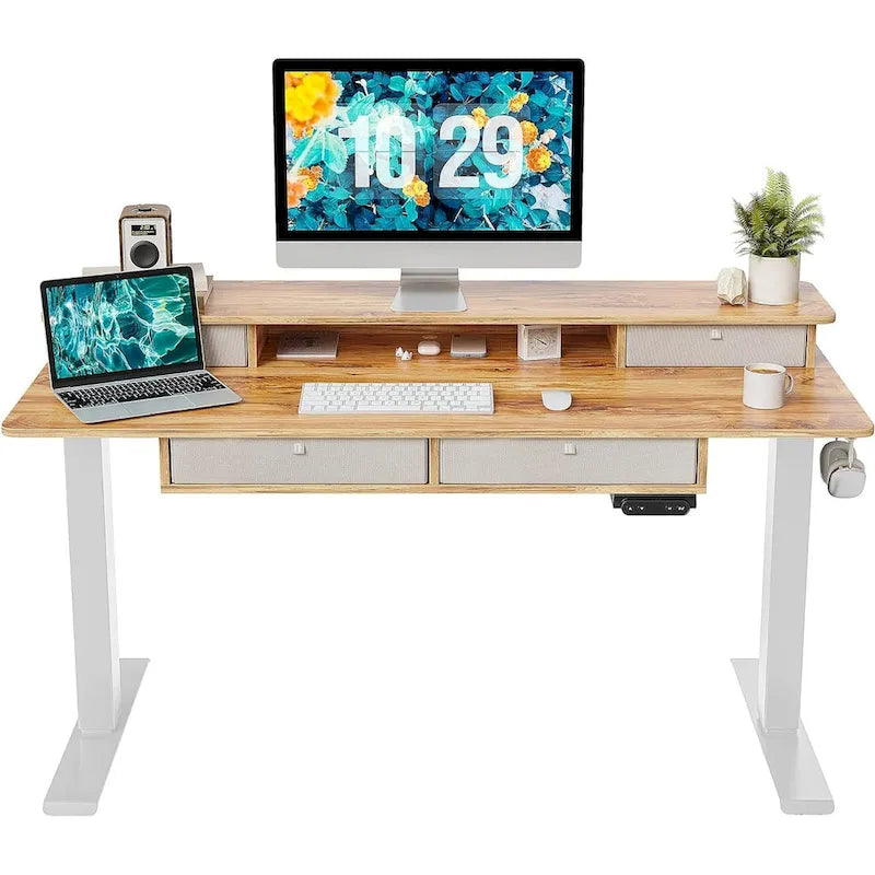 FEZIBO Sturdy Height Adjustable Electric Standing Desk with Drawers, Stand Up Table with Large Storage Shelf, Sit Stand Desk