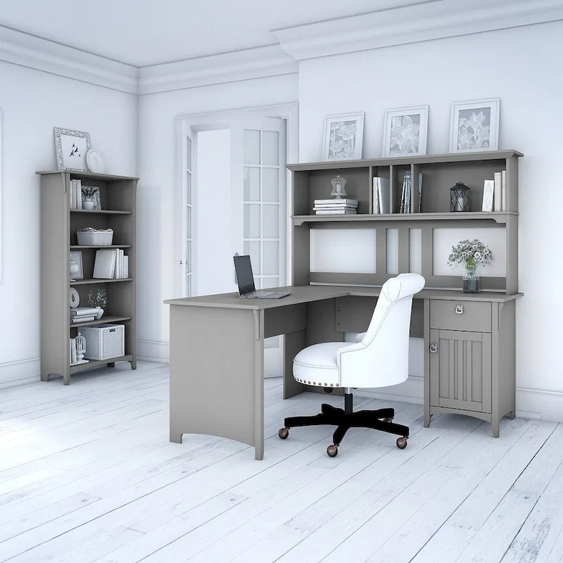 Salinas 60W L Shaped Desk with Hutch and Bookcase in Cape Cod Gray