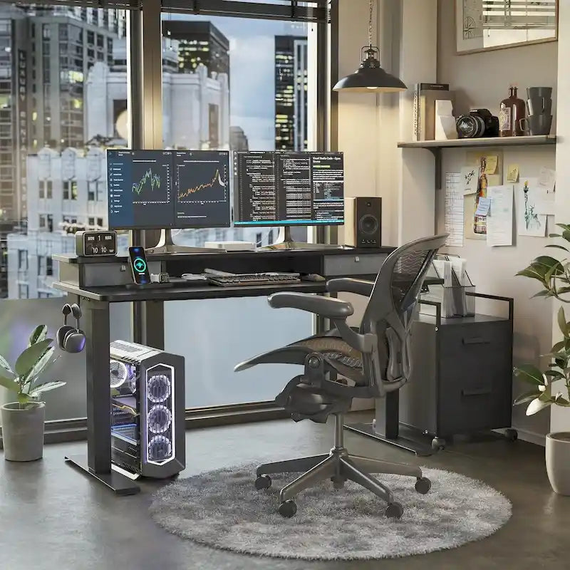 FEZIBO Height Adjustable Electric Standing Desk with Double Drawer, Stand Up Desk with Storage Shelf, Sit Stand Desk