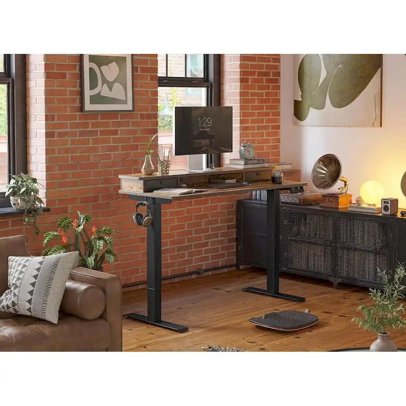 FEZIBO Height Adjustable Electric Standing Desk with Double Drawer, Stand Up Desk with Storage Shelf, Sit Stand Desk