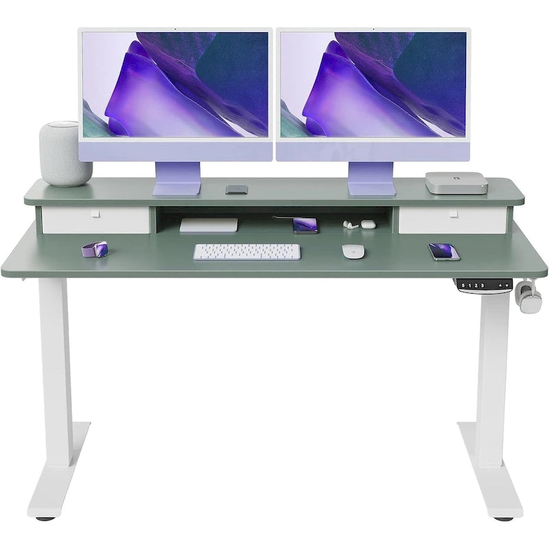 FEZIBO Height Adjustable Electric Standing Desk with Double Drawer, Stand Up Desk with Storage Shelf, Sit Stand Desk