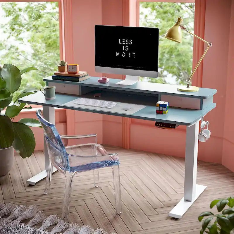 FEZIBO Height Adjustable Electric Standing Desk with Double Drawer, Stand Up Desk with Storage Shelf, Sit Stand Desk
