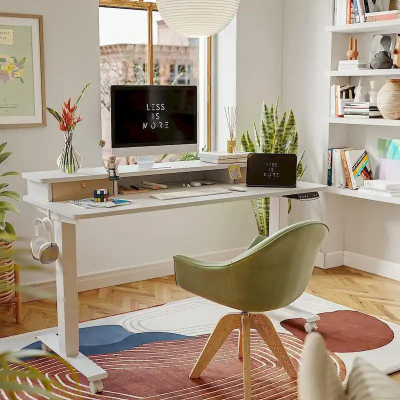 FEZIBO Height Adjustable Electric Standing Desk with Double Drawer, Stand Up Desk with Storage Shelf, Sit Stand Desk