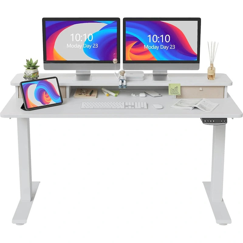 FEZIBO Height Adjustable Electric Standing Desk with Double Drawer, Stand Up Desk with Storage Shelf, Sit Stand Desk