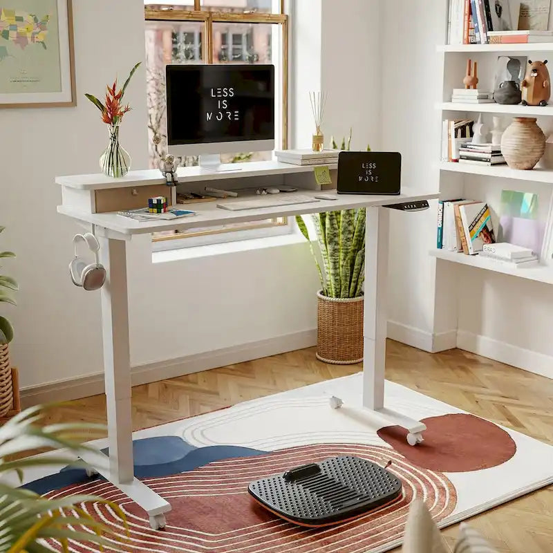 FEZIBO Height Adjustable Electric Standing Desk with Double Drawer, Stand Up Desk with Storage Shelf, Sit Stand Desk