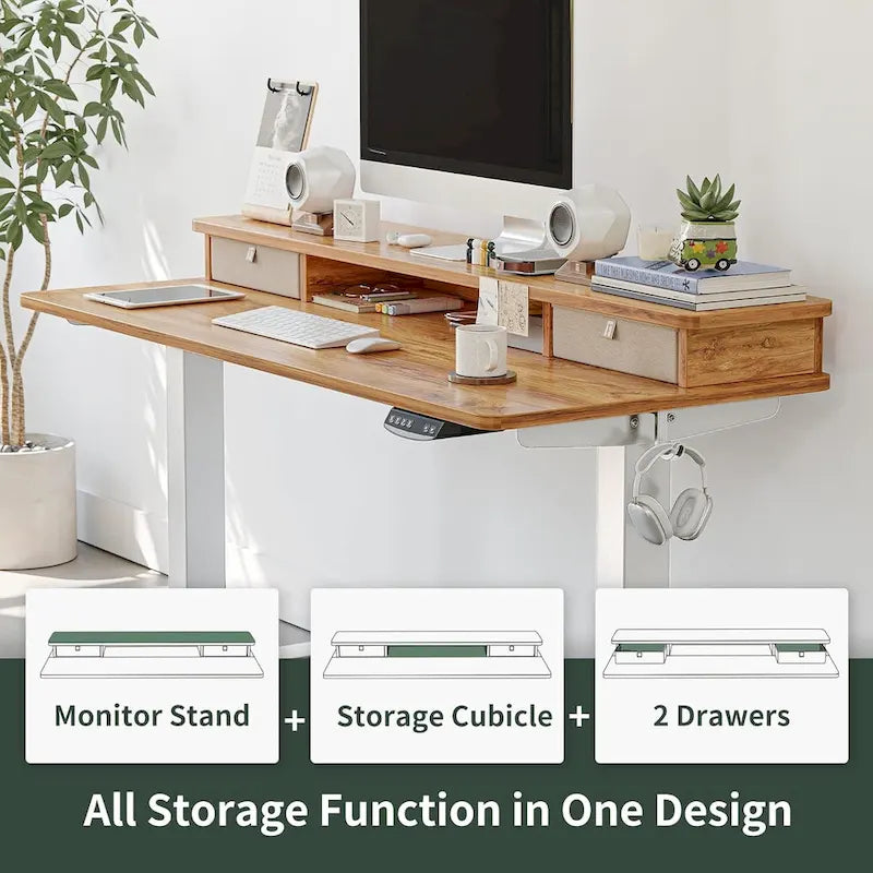 FEZIBO Height Adjustable Electric Standing Desk with Double Drawer, Stand Up Desk with Storage Shelf, Sit Stand Desk