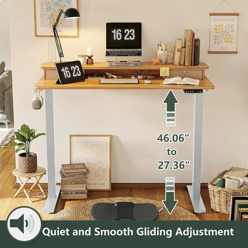 FEZIBO Height Adjustable Electric Standing Desk with Double Drawer, Stand Up Desk with Storage Shelf, Sit Stand Desk