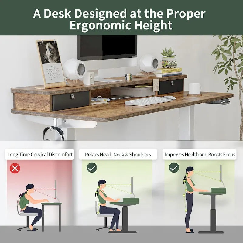 FEZIBO Height Adjustable Electric Standing Desk with Double Drawer, Stand Up Desk with Storage Shelf, Sit Stand Desk