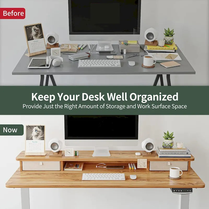 FEZIBO Height Adjustable Electric Standing Desk with Double Drawer, Stand Up Desk with Storage Shelf, Sit Stand Desk