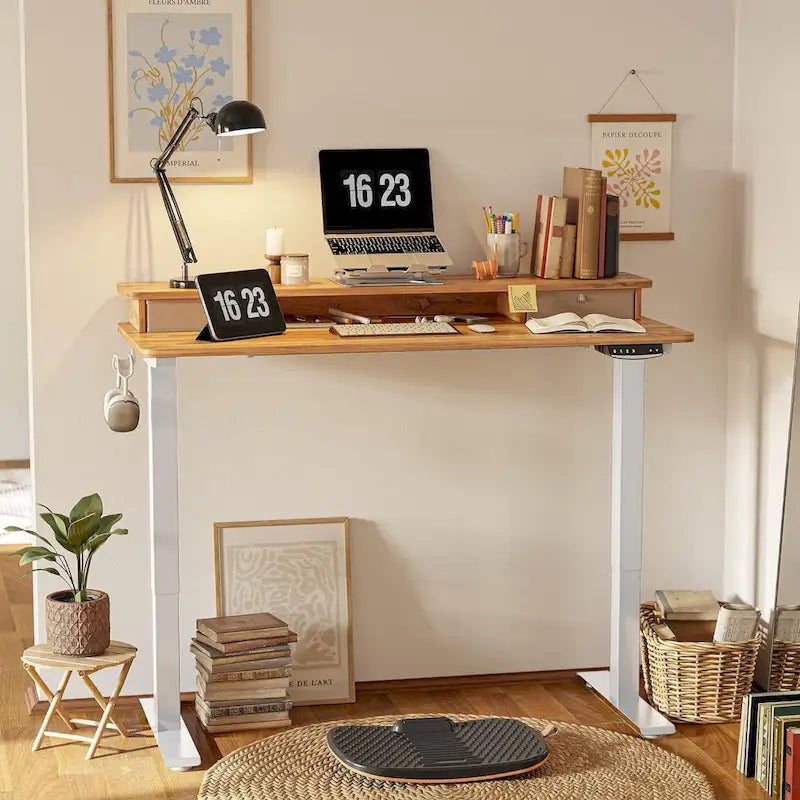 FEZIBO Height Adjustable Electric Standing Desk with Double Drawer, Stand Up Desk with Storage Shelf, Sit Stand Desk