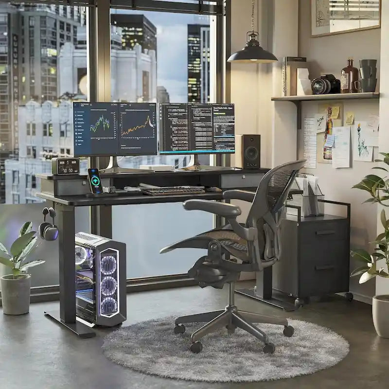 FEZIBO Height Adjustable Electric Standing Desk with Double Drawer, Stand Up Desk with Storage Shelf, Sit Stand Desk