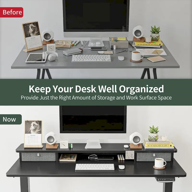 FEZIBO Height Adjustable Electric Standing Desk with Double Drawer, Stand Up Desk with Storage Shelf, Sit Stand Desk