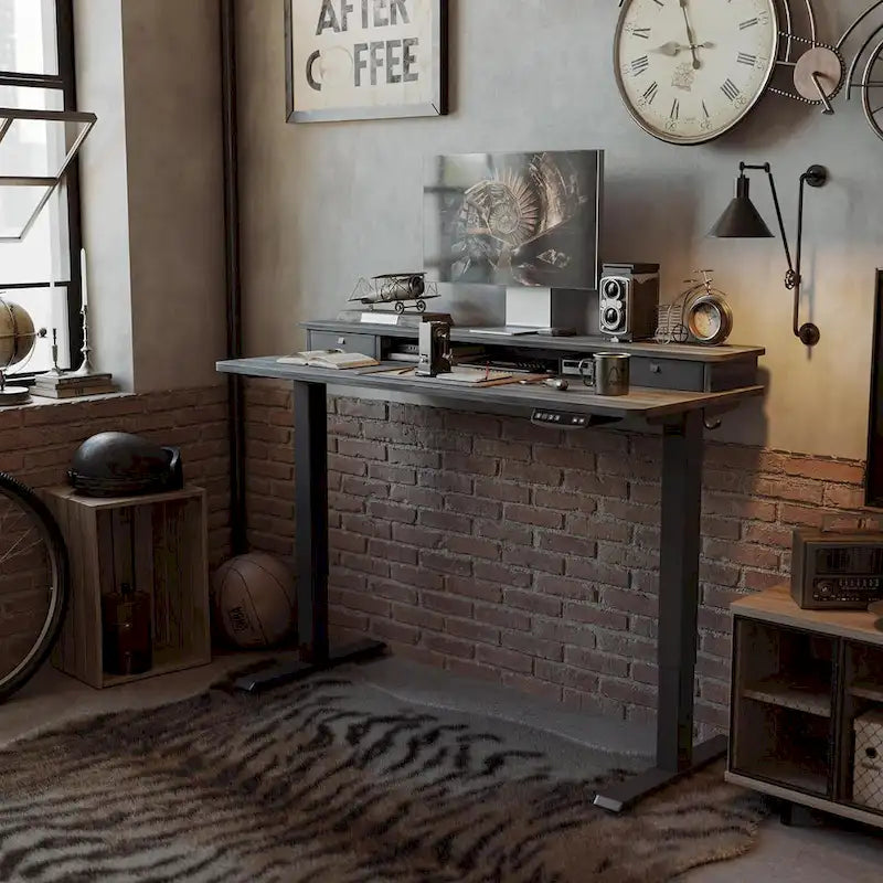 FEZIBO Height Adjustable Electric Standing Desk with Double Drawer, Stand Up Desk with Storage Shelf, Sit Stand Desk