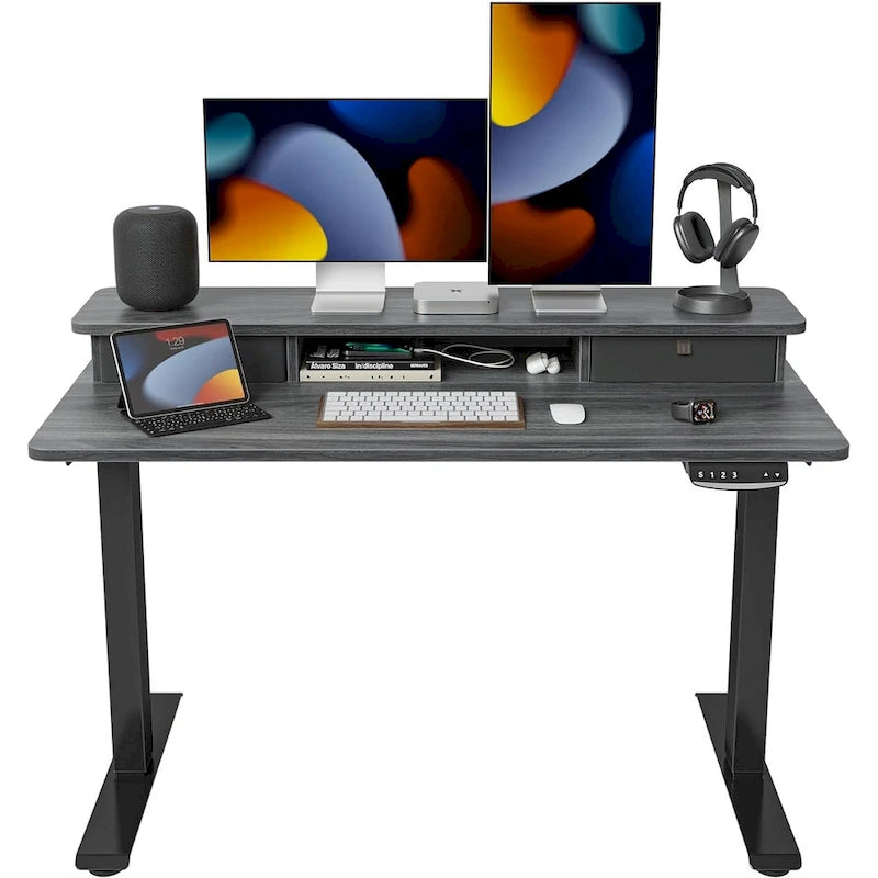 FEZIBO Height Adjustable Electric Standing Desk with Double Drawer, Stand Up Desk with Storage Shelf, Sit Stand Desk