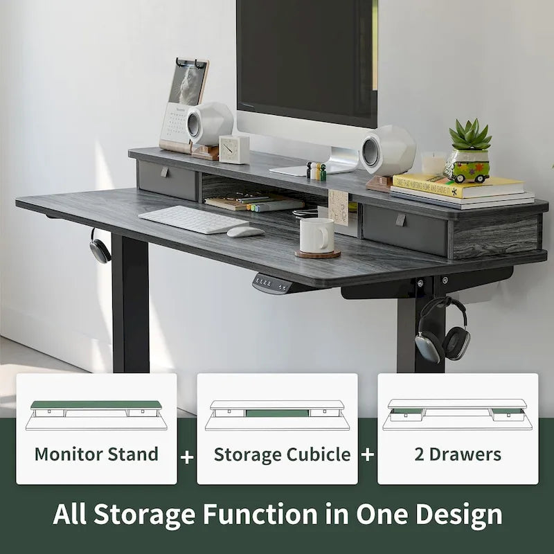 FEZIBO Height Adjustable Electric Standing Desk with Double Drawer, Stand Up Desk with Storage Shelf, Sit Stand Desk