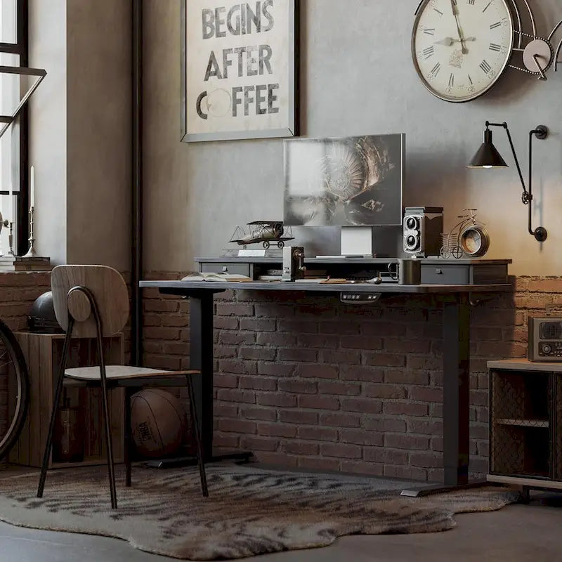 FEZIBO Height Adjustable Electric Standing Desk with Double Drawer, Stand Up Desk with Storage Shelf, Sit Stand Desk