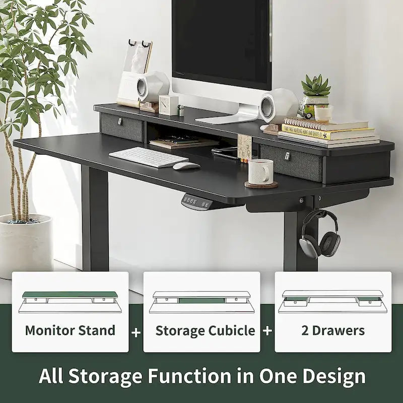 FEZIBO Height Adjustable Electric Standing Desk with Double Drawer, Stand Up Desk with Storage Shelf, Sit Stand Desk