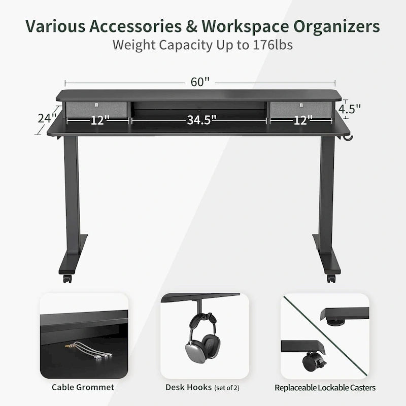 FEZIBO Height Adjustable Electric Standing Desk with Double Drawer, Stand Up Desk with Storage Shelf, Sit Stand Desk