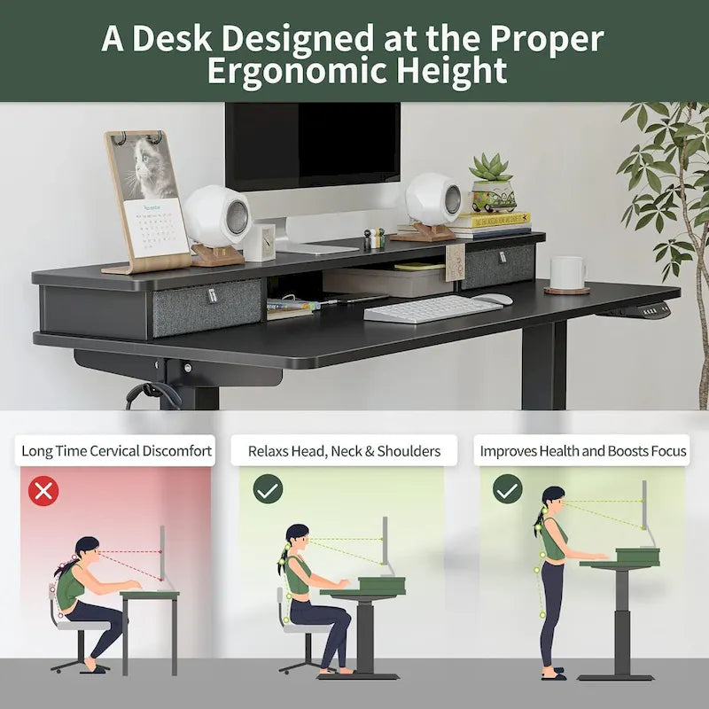 FEZIBO Height Adjustable Electric Standing Desk with Double Drawer, Stand Up Desk with Storage Shelf, Sit Stand Desk