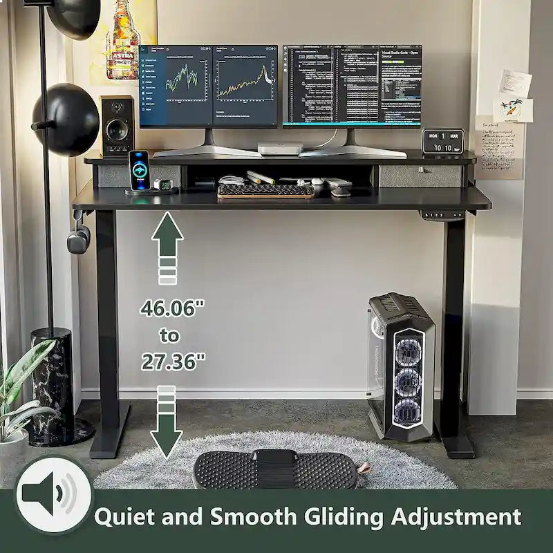 FEZIBO Height Adjustable Electric Standing Desk with Double Drawer, Stand Up Desk with Storage Shelf, Sit Stand Desk