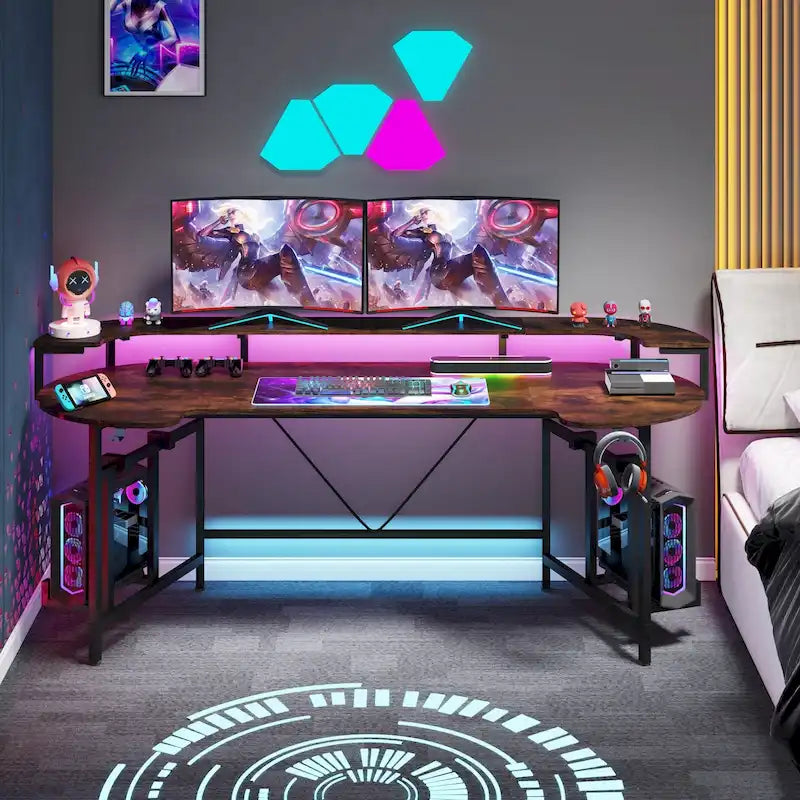 Gaming Desk with Monitor Shelf, 75 inch PC Computer Desk with LED Strip