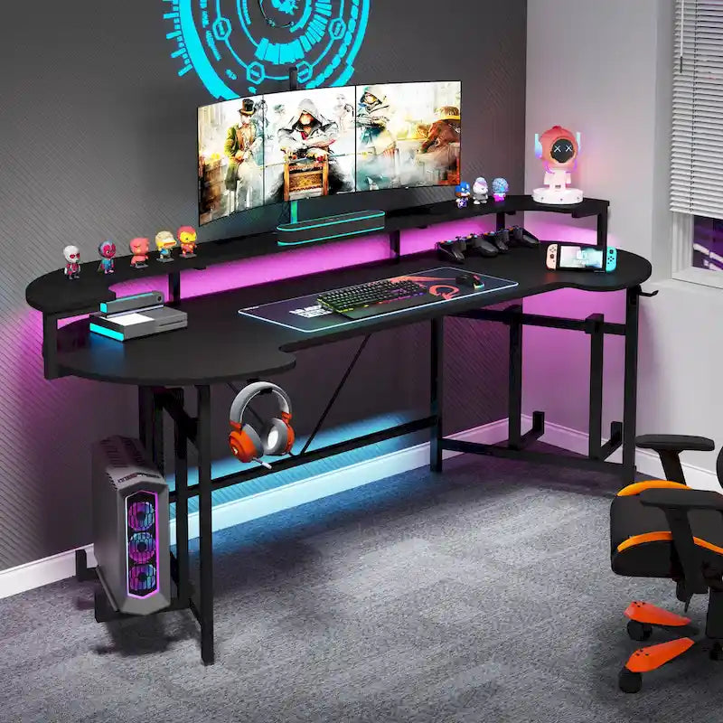 Gaming Desk with Monitor Shelf, 75 inch PC Computer Desk with LED Strip