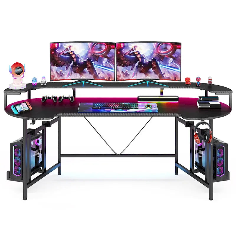 Gaming Desk with Monitor Shelf, 75 inch PC Computer Desk with LED Strip