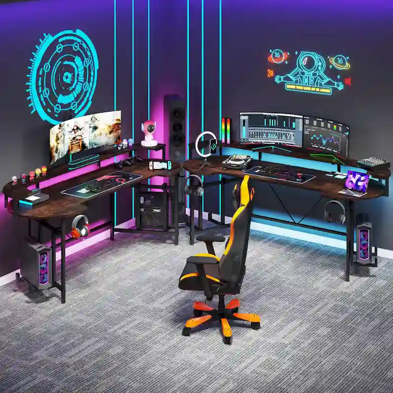 Gaming Desk with Monitor Shelf, 75 inch PC Computer Desk with LED Strip