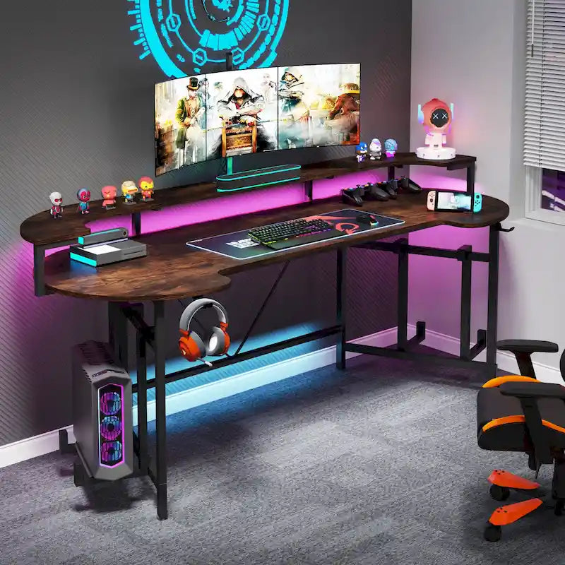 Gaming Desk with Monitor Shelf, 75 inch PC Computer Desk with LED Strip