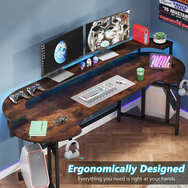 Gaming Desk with Monitor Shelf, 75 inch PC Computer Desk with LED Strip