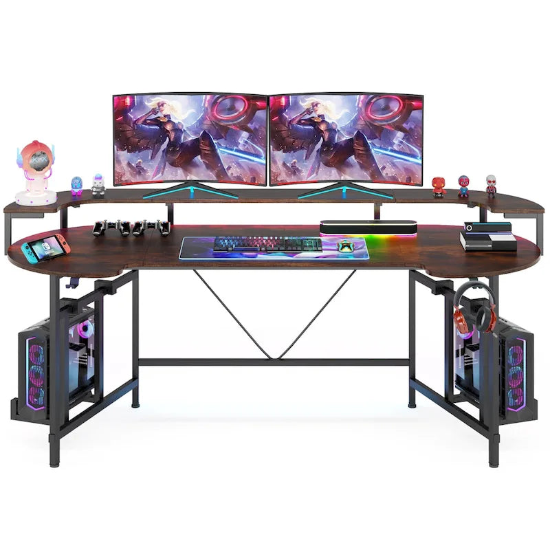 Gaming Desk with Monitor Shelf, 75 inch PC Computer Desk with LED Strip