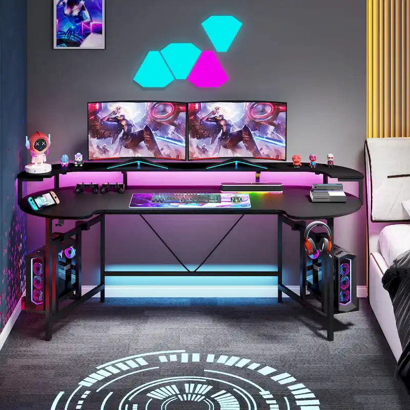Gaming Desk with Monitor Shelf, 75 inch PC Computer Desk with LED Strip