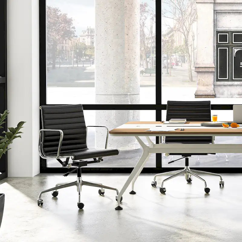 Low Back Genuine Leather Ergonomic Computer Ribbed Office Chair - N/A