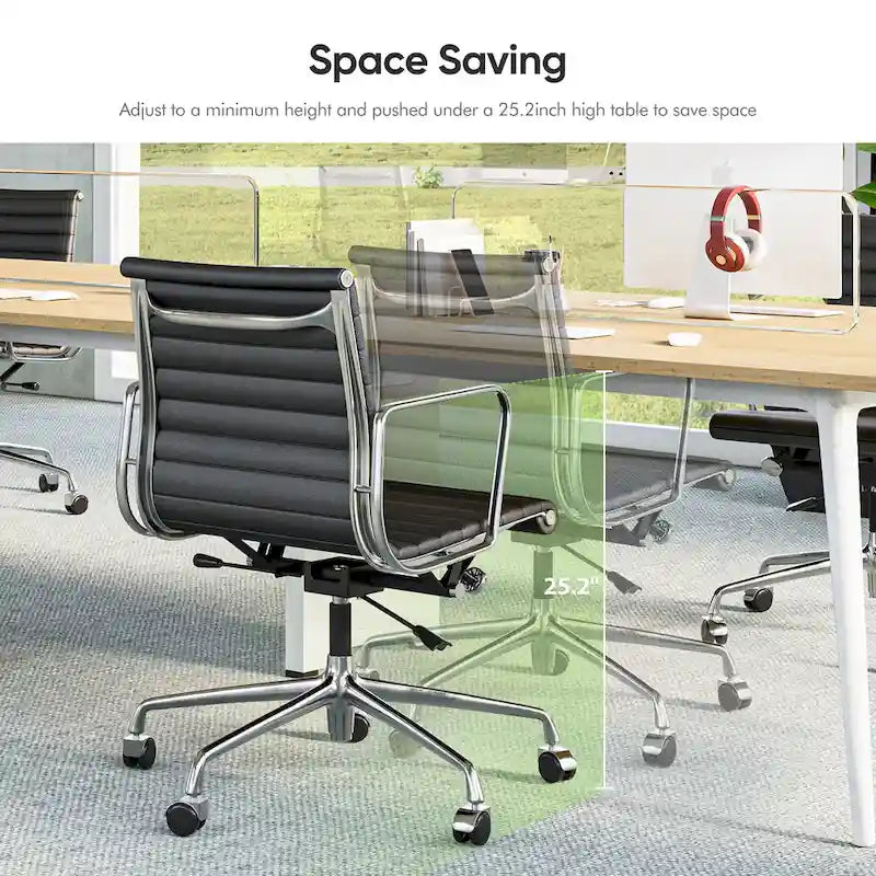 Low Back Genuine Leather Ergonomic Computer Ribbed Office Chair - N/A