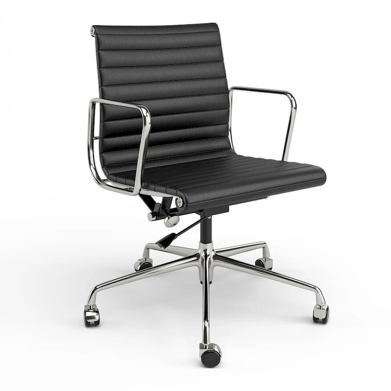 Low Back Genuine Leather Ergonomic Computer Ribbed Office Chair - N/A