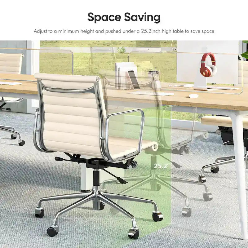 Low Back Genuine Leather Ergonomic Computer Ribbed Office Chair - N/A