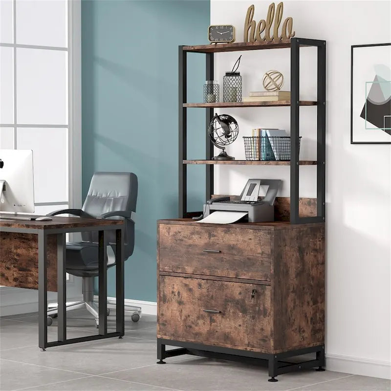 Brown/ Black 4-Tier Tall File Cabinet with Lock, Multi-Functional Shelf Units for Collection,Filing Cabinet Bookshlves