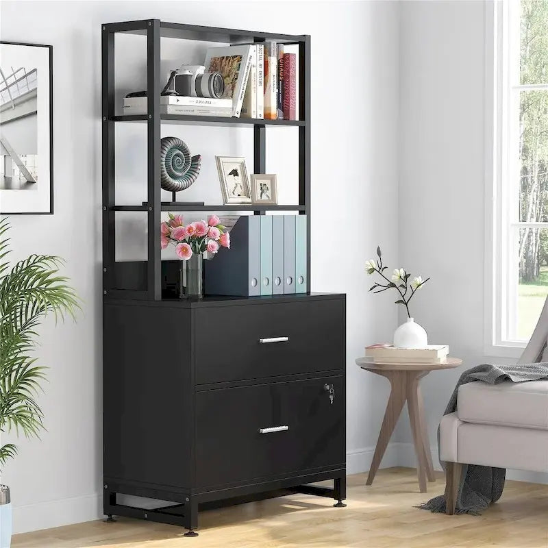 Brown/ Black 4-Tier Tall File Cabinet with Lock, Multi-Functional Shelf Units for Collection,Filing Cabinet Bookshlves