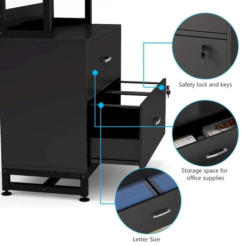 Brown/ Black 4-Tier Tall File Cabinet with Lock, Multi-Functional Shelf Units for Collection,Filing Cabinet Bookshlves