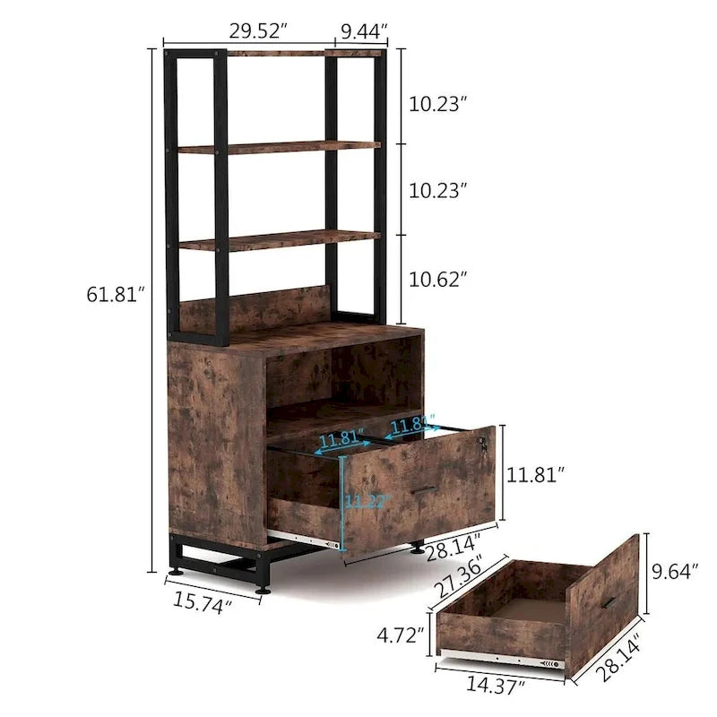 Brown/ Black 4-Tier Tall File Cabinet with Lock, Multi-Functional Shelf Units for Collection,Filing Cabinet Bookshlves