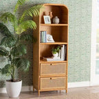 Curacao Modern Bohemian Light Honey Rattan 2-Drawer Bookcase