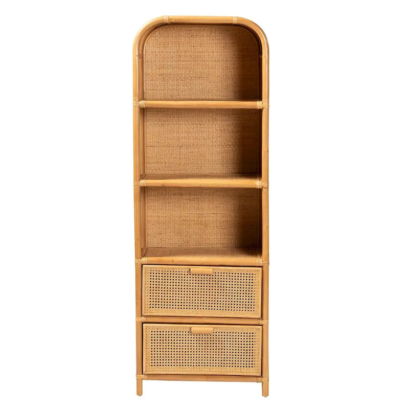 Curacao Modern Bohemian Light Honey Rattan 2-Drawer Bookcase