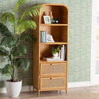 Curacao Modern Bohemian Light Honey Rattan 2-Drawer Bookcase