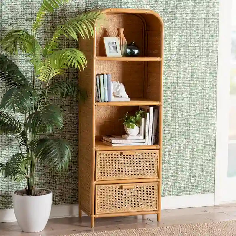 Curacao Modern Bohemian Light Honey Rattan 2-Drawer Bookcase
